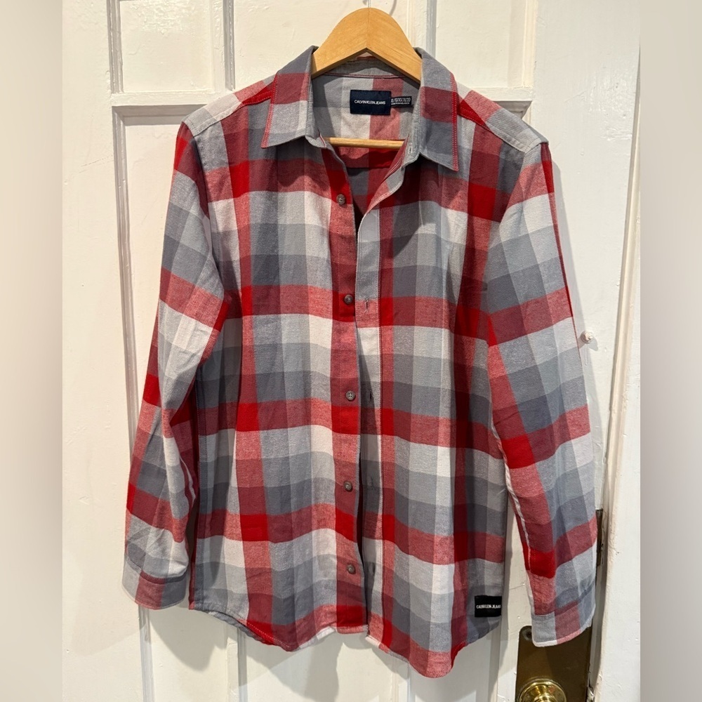 Calvin Klein Jeans Red and Gray Plaid Shirt - Picture 1 of 4